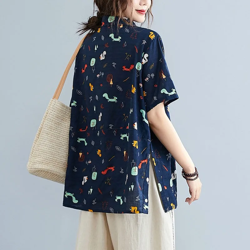 

Oversized Women Cotton Linen Casual Shirts New 2021 Summer Vintage Style Print Loose Comfortable Female Short Sleeve Tops S3325