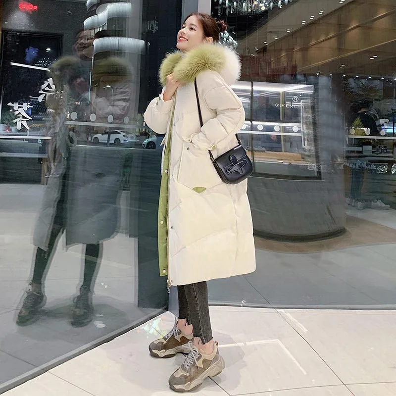 

Куртка Y2K с хлопковой подкладкой и меховым воротником контрастных цветов, зимнее Новое корейское пальто, женское длинное утепленное пальто ...