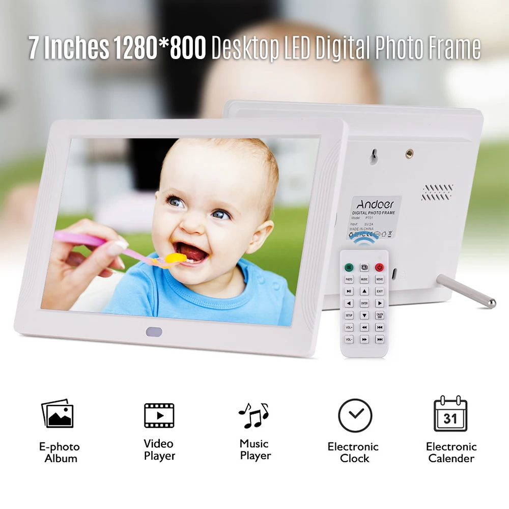 Andoer P701 7 дюймов светодиодный цифровой фоторамки электронный альбом 1280*800 HD 16:9