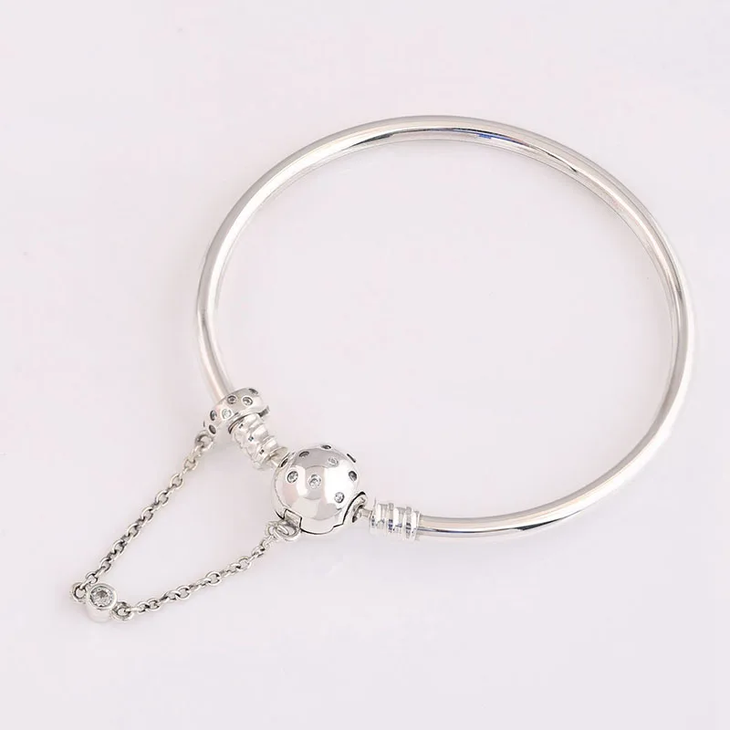 

100% 925 Sterling Silver Pan Bracelet Shiny Round Bracelet With Safety Chain Button Fit European Charm Bracelets Women Jewelry