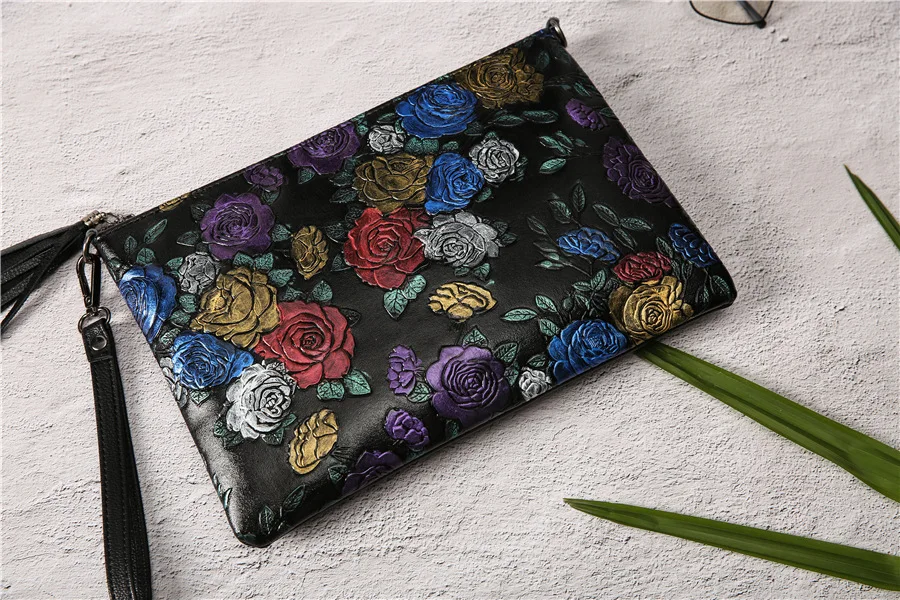 Новая женская сумка-конверт из воловьей кожи с рисунком розы одним плечом через