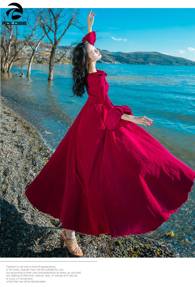 Autumn and Winter Retro Corduroy Flared Sleeve Dress Red Big Swing Holiday Long Skirt Was Thin Waist Temperament Fairy | Женская одежда