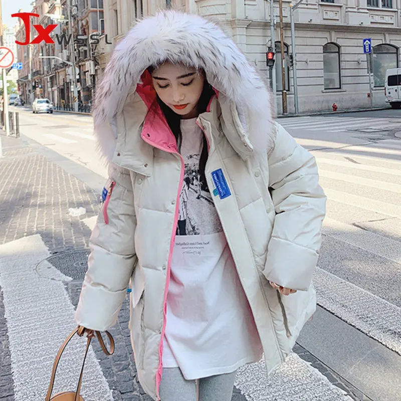 

Парка женская зимняя с капюшоном, новая модная теплая хлопковая куртка с большим меховым воротником, Корейская Повседневная пуховая куртка...