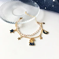 cute girl rabbit bracelet for women dream star moon bracelet femme temperament pearl double layer jewelry