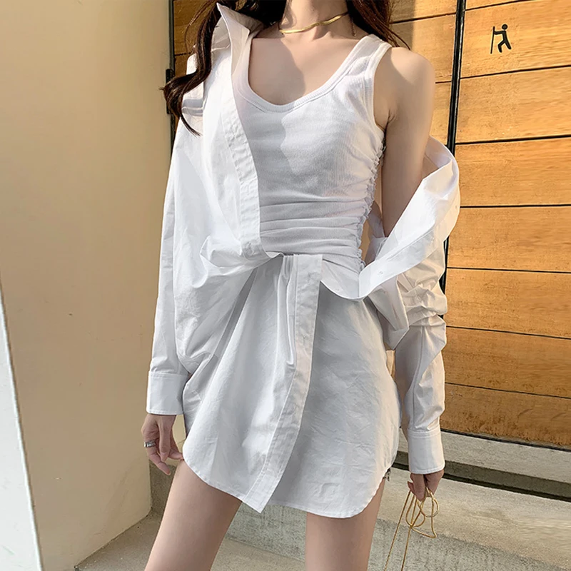 

GALCAUR White Dresses Female Lapel Collar Long Sleeve High Wiast Irregular Hem Ruched Summer Dress Women 2020 Autumn Clothing