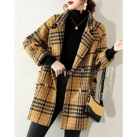winter korean women woolen coat yellow plaid wool blends double breasted vintage loose ladies coats