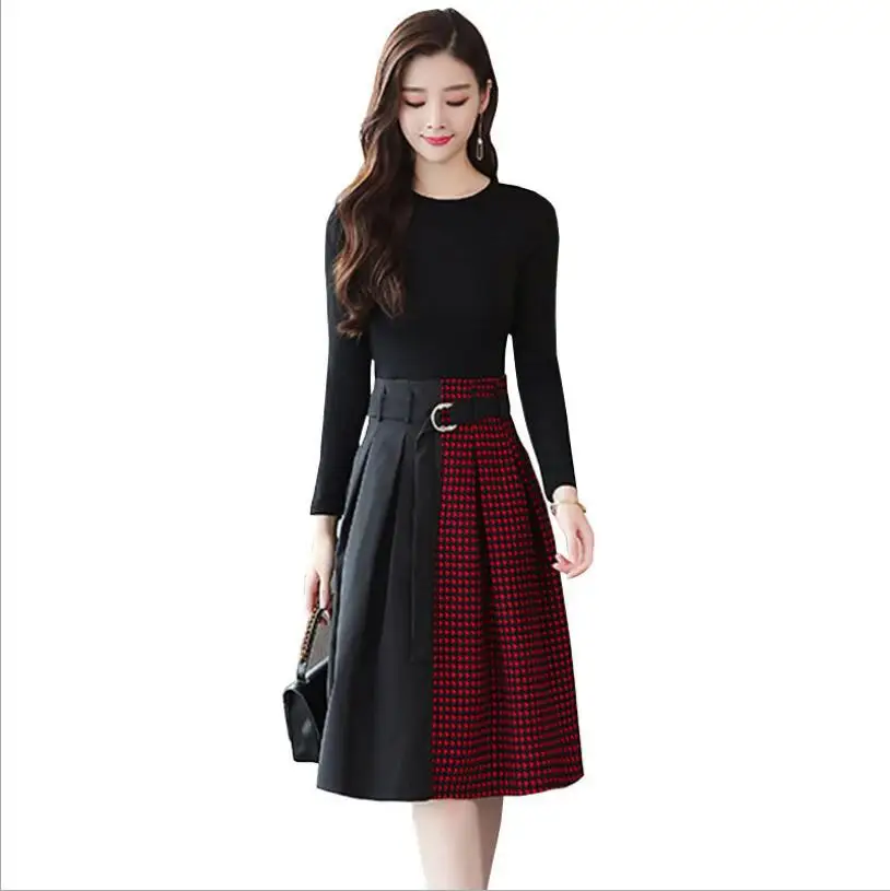 

Spring 2021 New Women's Dress Korean EditionFashion Color Splicing Lattice Buttocks Slim Tie Lady OL Working Dresses.