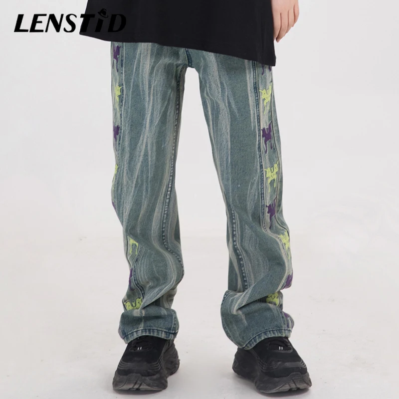 LENSTID 2020 уличная хип хоп мужские джинсовые брюки с вышивкой бабочки черные