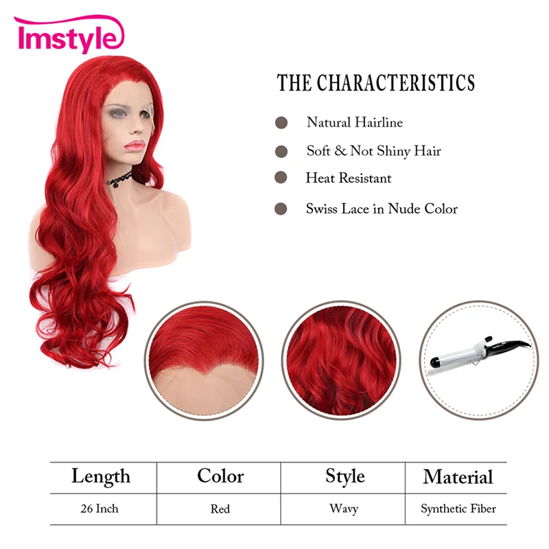 Imstyle красный парик синтетический парик на кружеве для женщин длинный волнистый парик на шнурке косплей парик Термостойкое волокно без клея натуральный волос