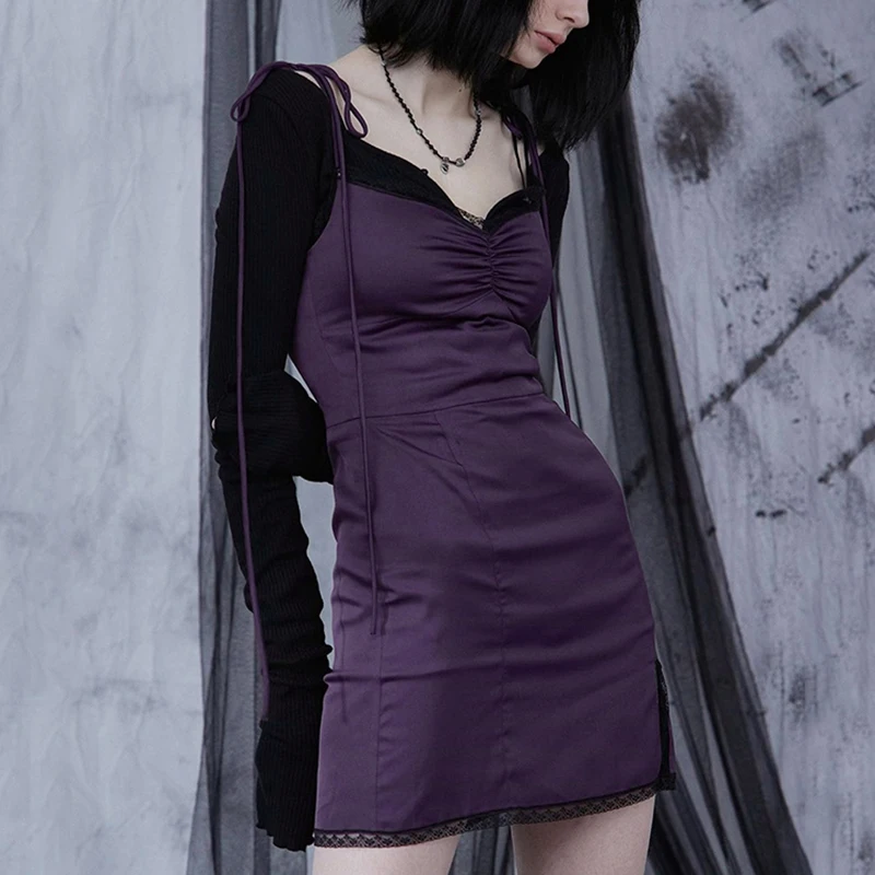 

Uclio Sexy Spaghetti Straps Bodycon Gothic Dress Women Streetwear Lace Up Mini Female Dress Casual