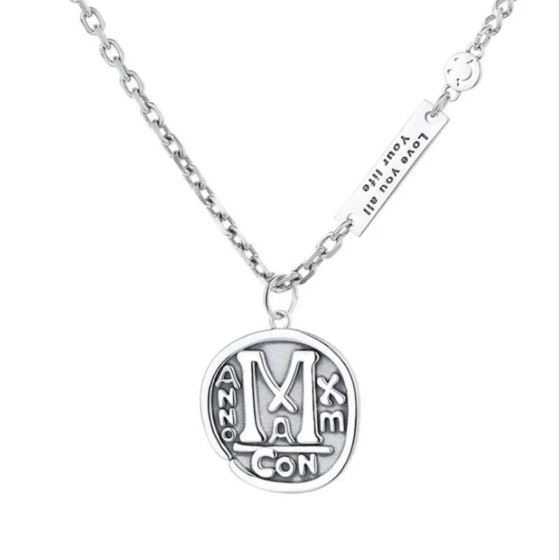 

YIKUF88 S925 Sterling Silver Women Necklace Vintage Embossed English Letter M Necklace Female Sweater Chain