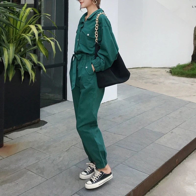 RICININA комбинезон размера плюс женский с длинными рукавами отворотом на кнопках