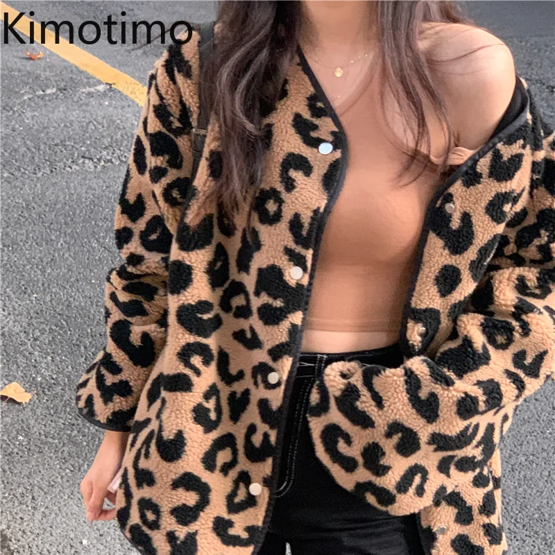 

Пальто Kimotimo женское с леопардовым принтом, уличная одежда из овечьей шерсти, Свободный кардиган с круглым вырезом, модная винтажная куртка ...