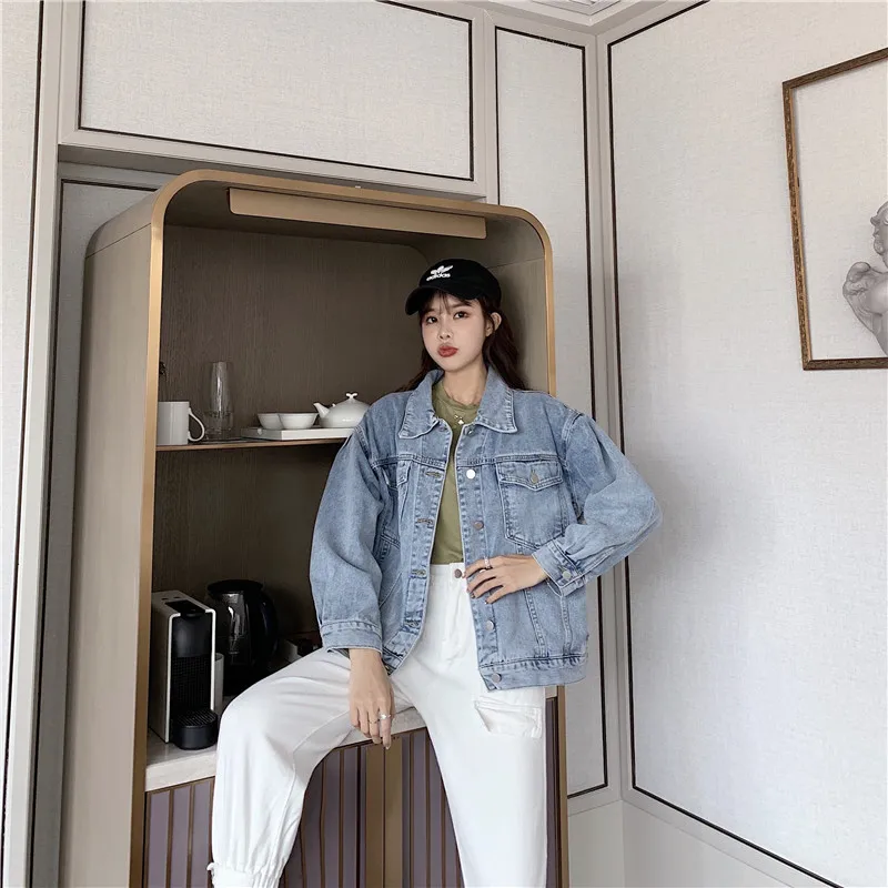 

New 2020 Autumn Winter Womens Denim Jackets Outerwear Back Folds High Street Fashionable Korean Style Jeans Tops