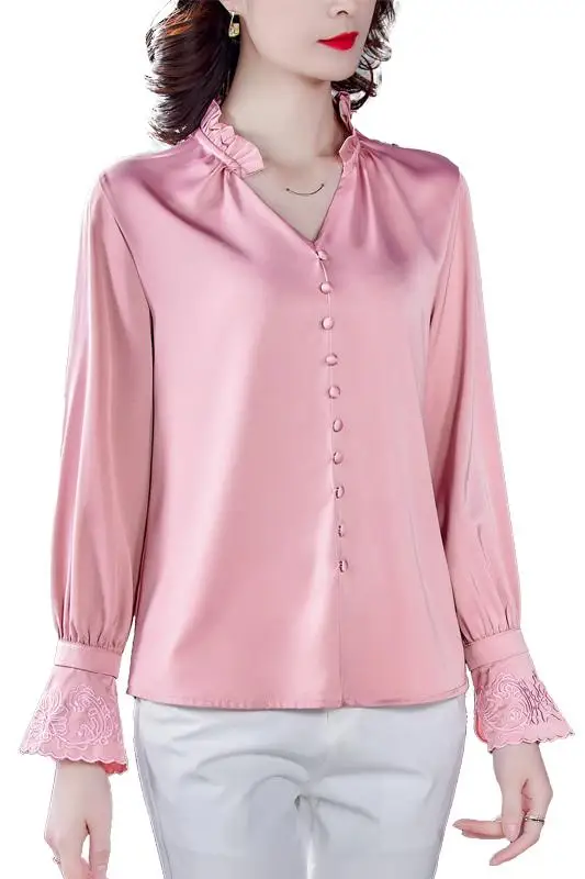 

COIGARSAM 3XL Plus Size Fashion Full Sleeve Shirt Womens tops Spring V-Neck Women shirts Pink 17028