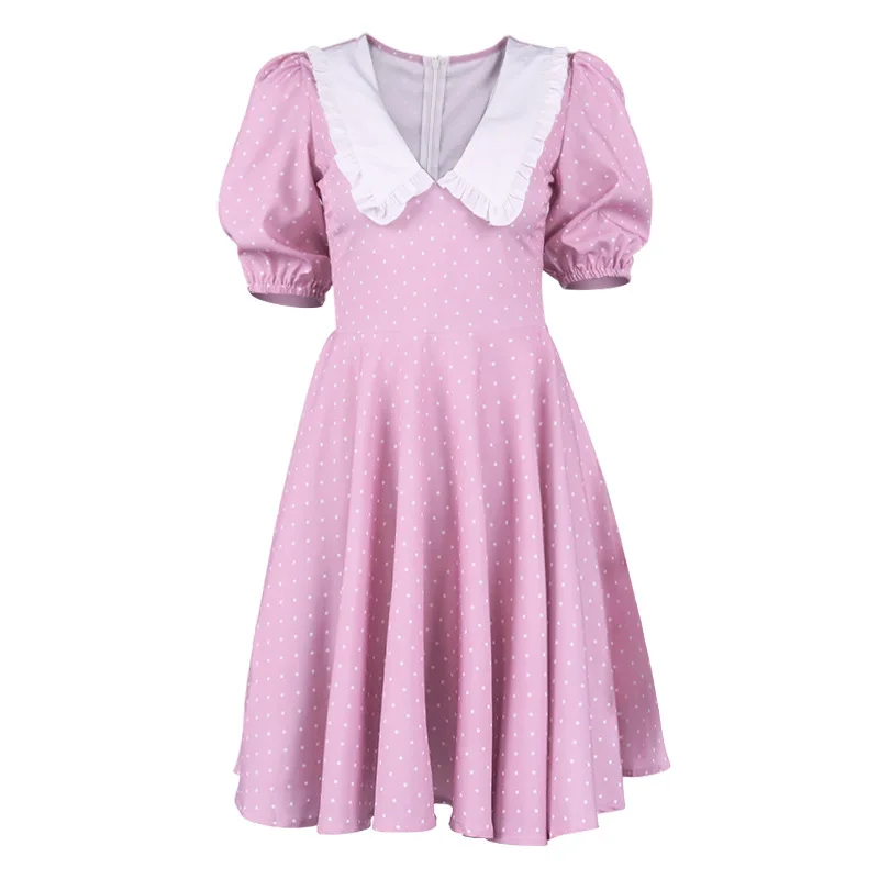 

2021 Fall Explosion Dress Sexy Retro V-shaped Doll Neck Polka Dot Puff Sleeve Short Skirt A-line Skirt