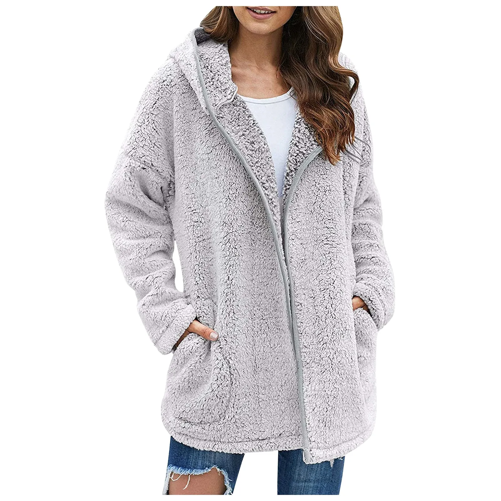 2021 Women Autumn Winter Jacket Female Coat Causal Soft Hooded Fleece Plush Warm Plus Size Faux Fur Fluffy Zipper Top