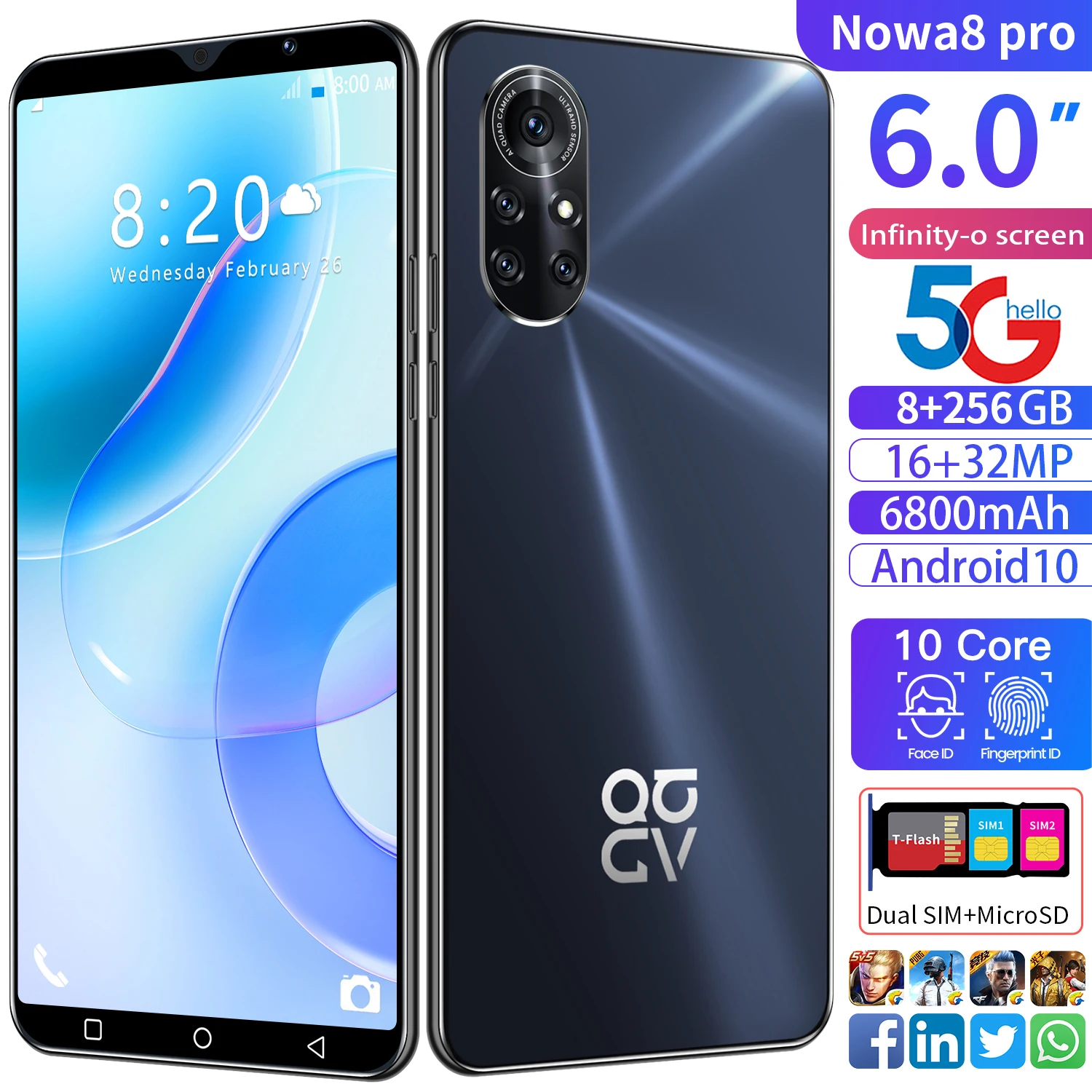

Nowa8 Pro 6.0 Inch 8+128GB 10 Core 16+32MP Andriod Smartphone Dual SIM+Micro SD 5G Network Face ID Mobile Phone Black Green Blue