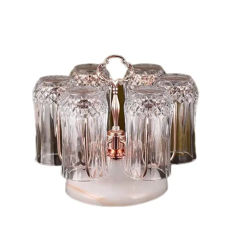 

Glass Teacup Metal Drain Rack European Rotating Cup Holder Afternoon Tea Glass 6 Piece Set Upside Down Cup with Acrylic Tray