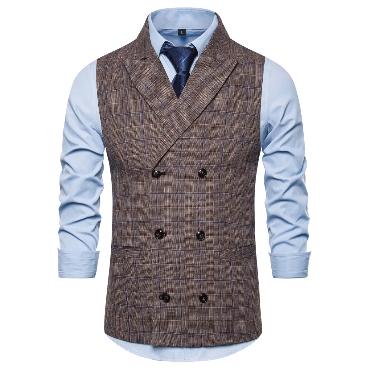 Brand Men's Waistcoat Fashion Retro Tweed Vests Classic Sleeveless Plaid Suit Vest British Style Double Breasted Gilet