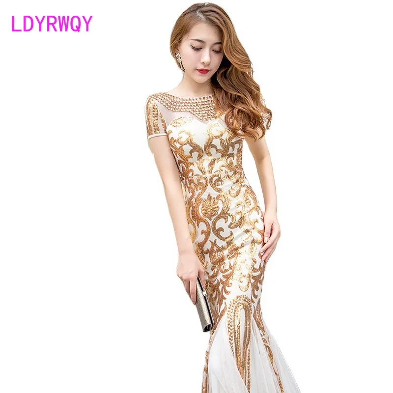 

LDYRWQY Golden 2021 summer new long sequined fishtail dress Office Lady Zippers Sheath Knee-Length