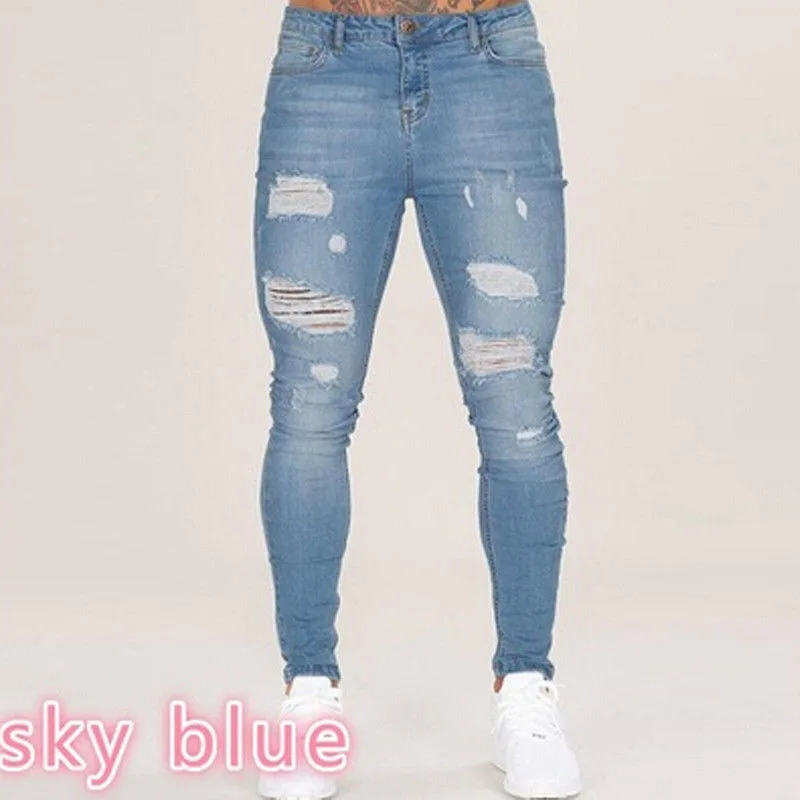 

Men Skinny Jeans Ripped Hole Casual Denim Pant Full Lenght Pencil Pants Slim Big Size Solid Cotton Stretch Man Distressed Jeans