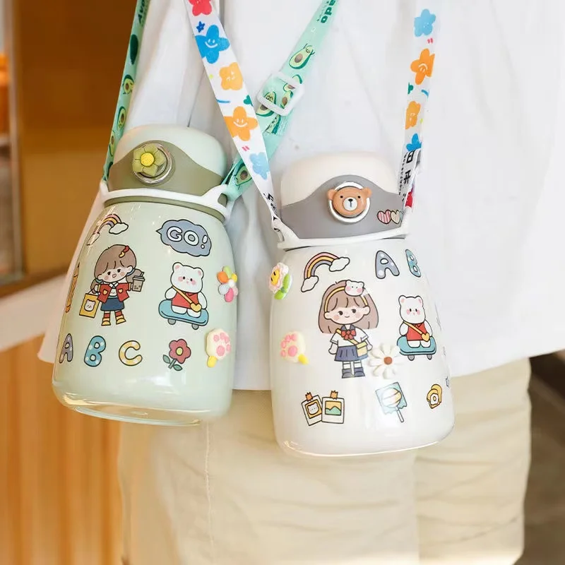 

500/650/1000ML Cute Cartoon Thermos Cup Stainless Steel Vacuum Flask With Straw Student Kid Water Bottle Strap DIY 3D Sticker