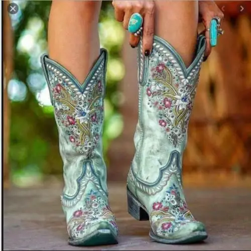 

Женские шикарные дизайнерские ковбойские ботинки до середины икры с цветочной вышивкой