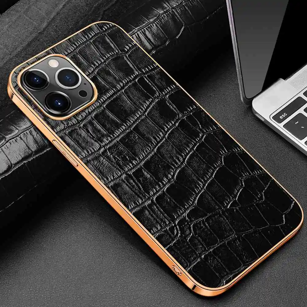 

Greenstraw Genuine Leather Phone Case For iPhone 12 Pro Max 11 XS XR X Crocodile Grain Glossy Electroplate Edge Back Cover Coque
