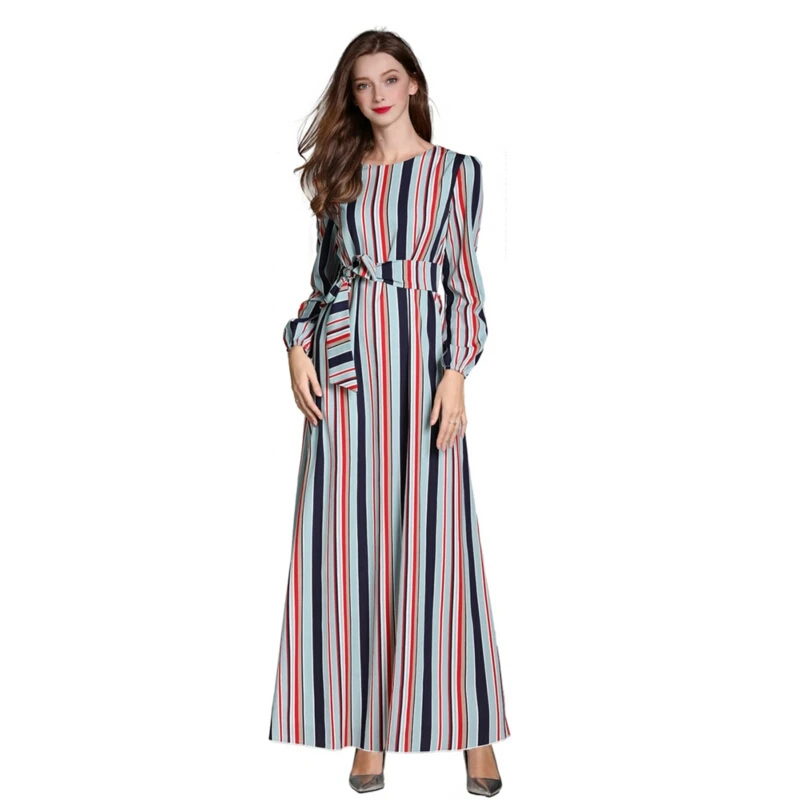 

MultiColor Stripe Muslim Formal Dress Arab Oman Turkey Morocco Loose Plus Size Maxi Robes Femme Eid Ramadan Abaya Women Clothing