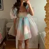 Women Puff Sleeve Tulle Tutu Princess Dress Square Collar Mesh Ruffle Bubble Skirt Wedding Evening Party Prom Mini Fairy Dress 2