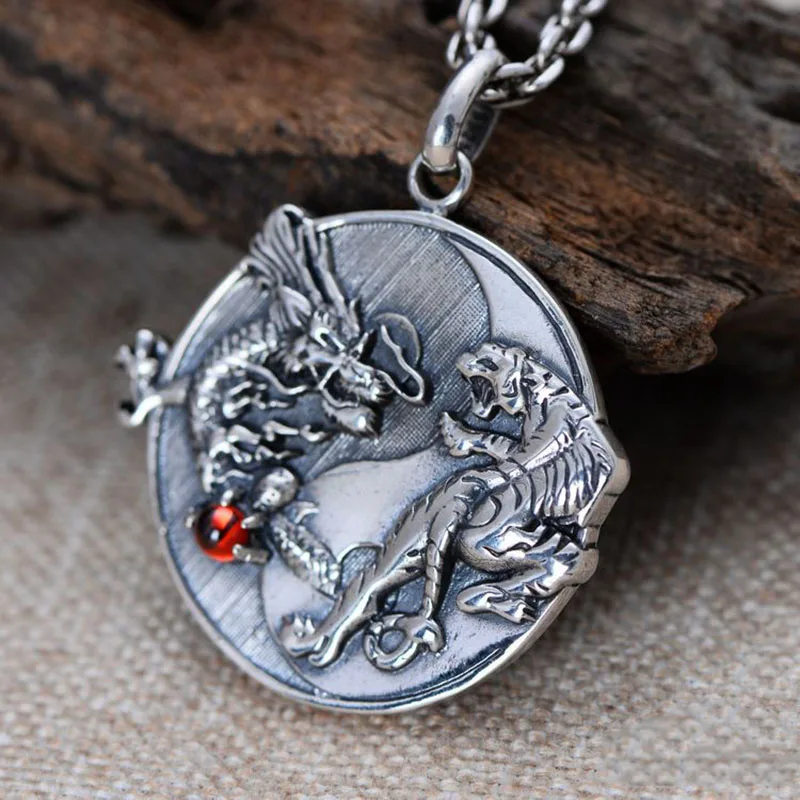 S925 Silver Handmade Dragon Tiger Pendant Necklace 925 Sterling Fengshui Taichi Yinyang Pendant Necklace Good Luck Amulet
