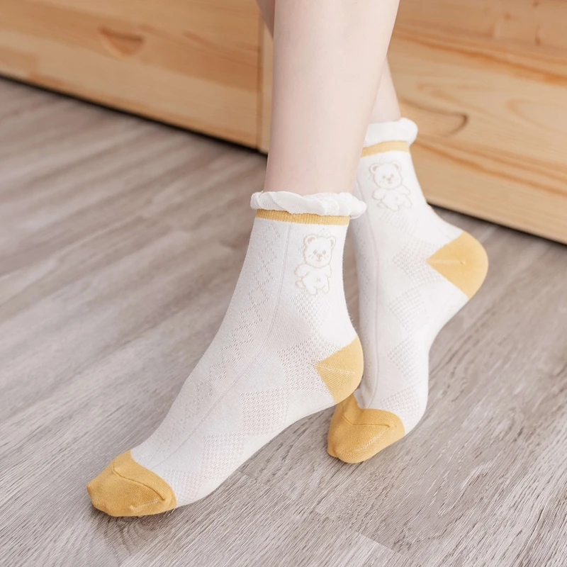 

Japanese Kawaii Flower Socks Female Cute Bear Medium Tube Sweet Harajuku Stockings JK Lace Thin Breathable Girl Pink Women Socks