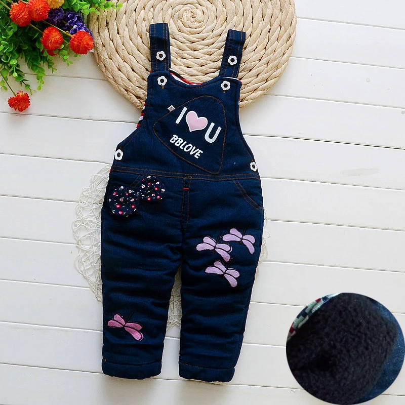 BibiCola/джинсы для девочек сезон осень зима брюки на лямках Детские плотные теплые