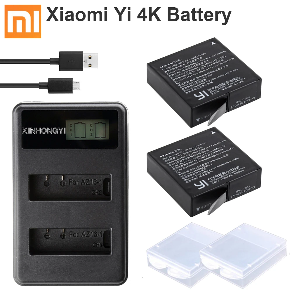 4x Аккумулятор bateria yi 4k+ LCD Dual charger для оригинального xiaomi yi 2 xiaoyi 4k 4k plus Черные Аксессуары для спортивной камеры