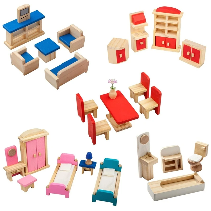 

Wooden Dollhouse Furniture Set, 5 Set Fully Assembled Pretend Playhouse Set