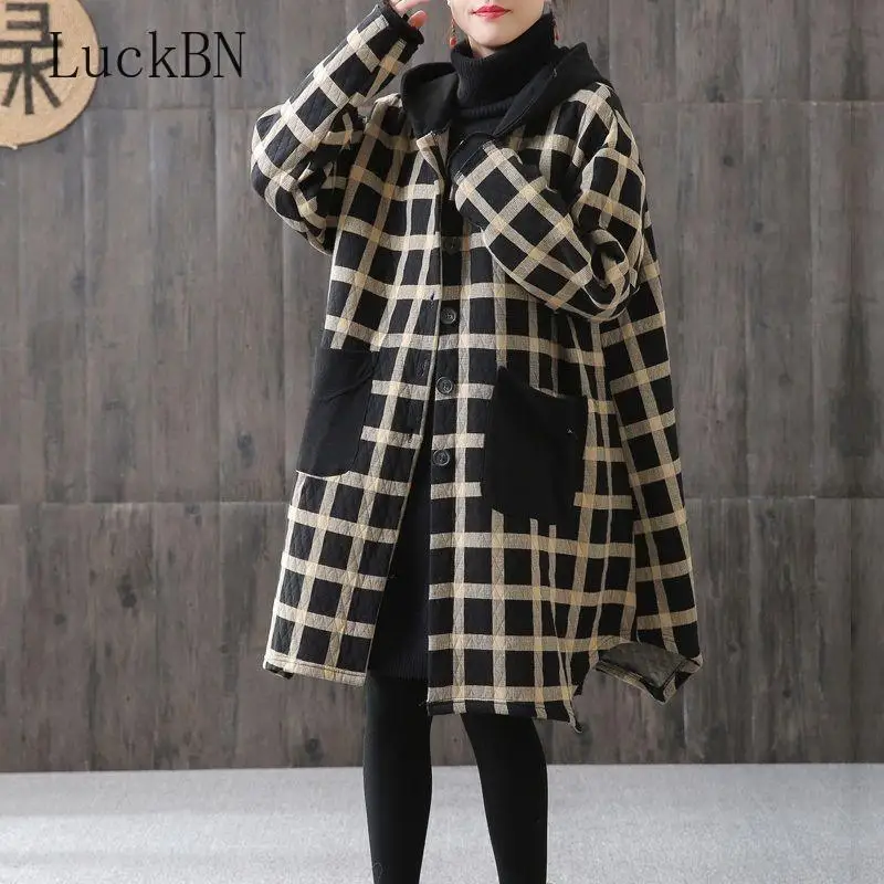 

Women Plaid Yellow Vintage Parkas Irregular Hooded Coats Autumn Winter New Button Pockets Female Chinese Style Parkas 2021