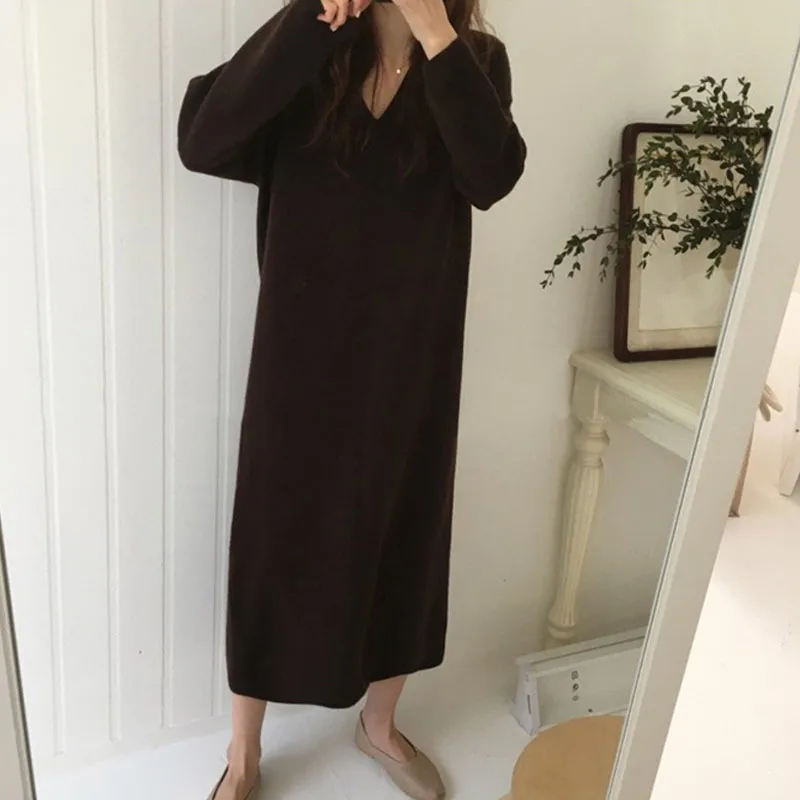 Сезон осень-зима Однотонный вязаный хлопковый свитер платья для женщин в стиле