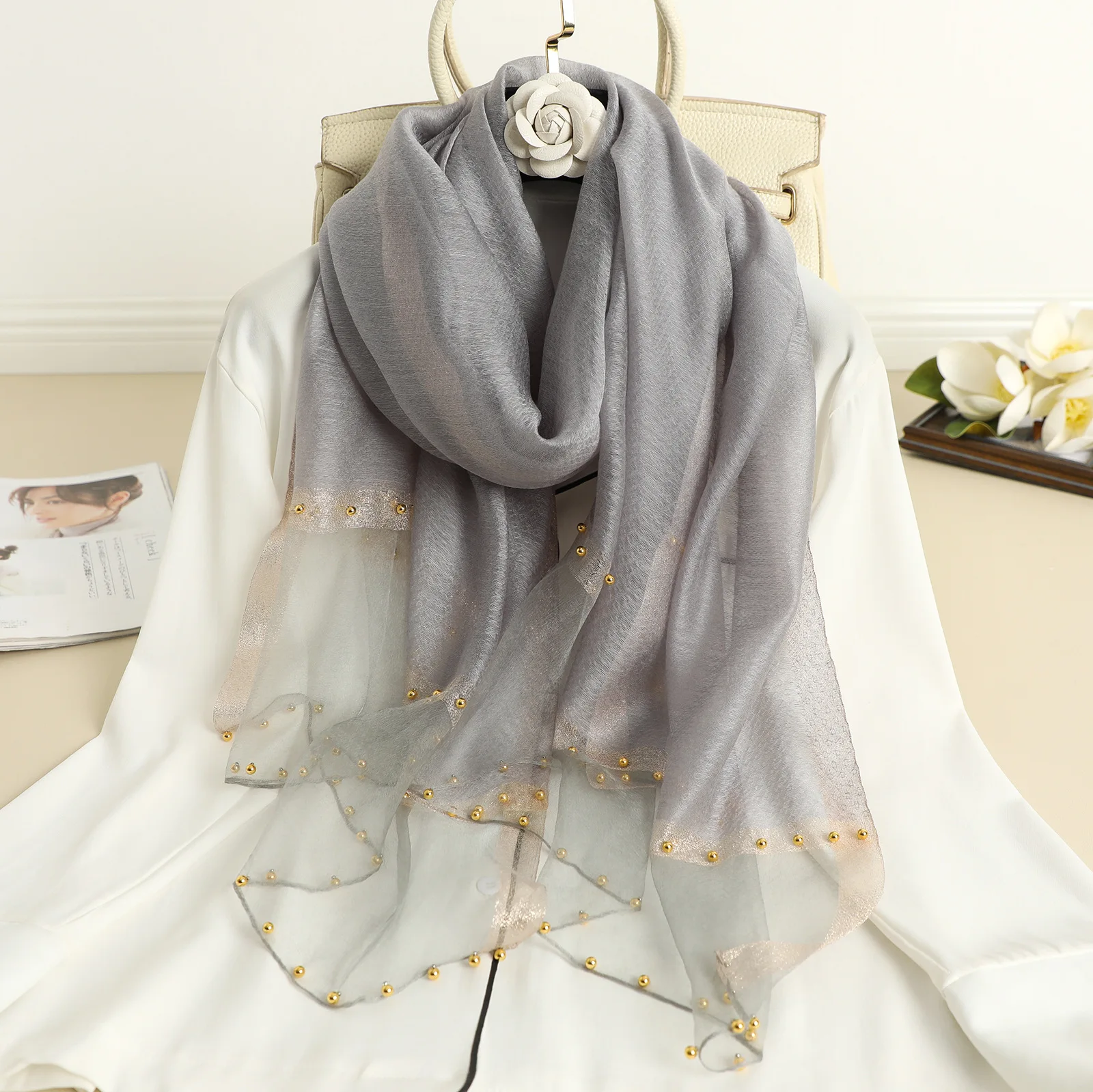 

Summer Print Silk Scarf Oversized Chiffon Scarf Women Beach Pareo Cover Up Wrap Sarong White