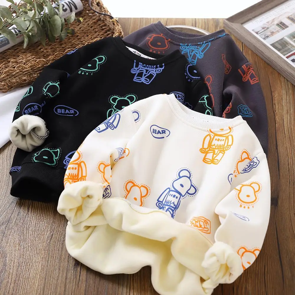 

Boys' Fleece-Lined Sweater 2022 Autumn and Winter Children's Cartoon Printed Thickening Warm Body Velvet Bottoming Shirt Top