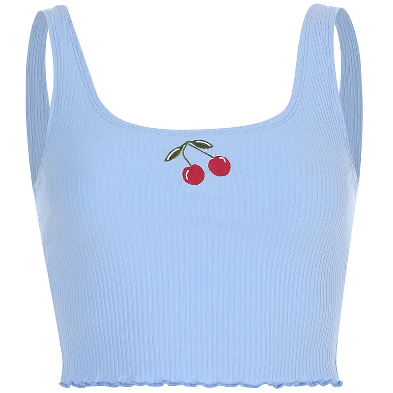 

Cute Cherry Embroidery Low-cut Tank Sexy Vintage Halter Thin Crop Tops Sleeveless Vest Fashion Sweet Women's Clothes 2021 Summer