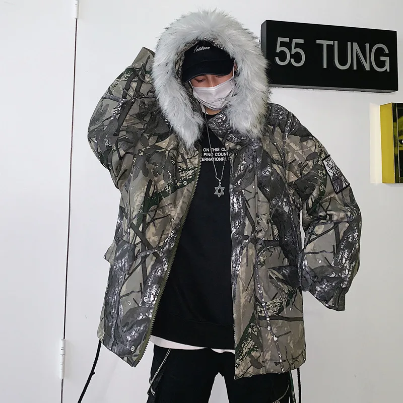 Winter Hip Hop Parkas Men Camouflage Jackets Fur Collar Hooded Thick Windbreaker Coats Outwear Streetwear Plus Size HZ158