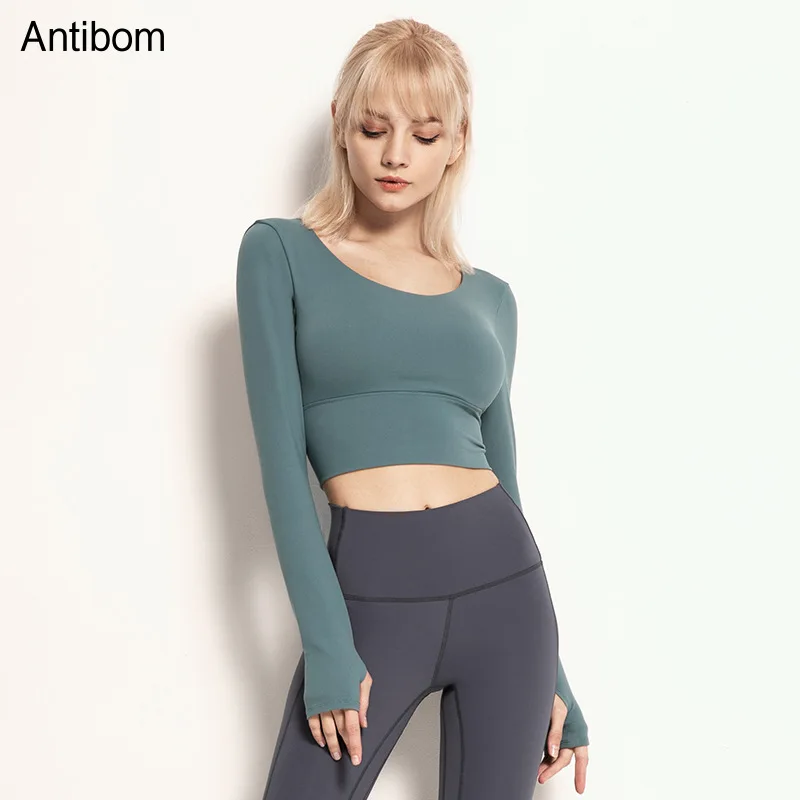 

Antibom Hollow Out Long Sleeve Yoga T-Shirt Women Beauty Cross Back Strap Fitness Padded Sport Shirts Running Thumb Hole Gym Top