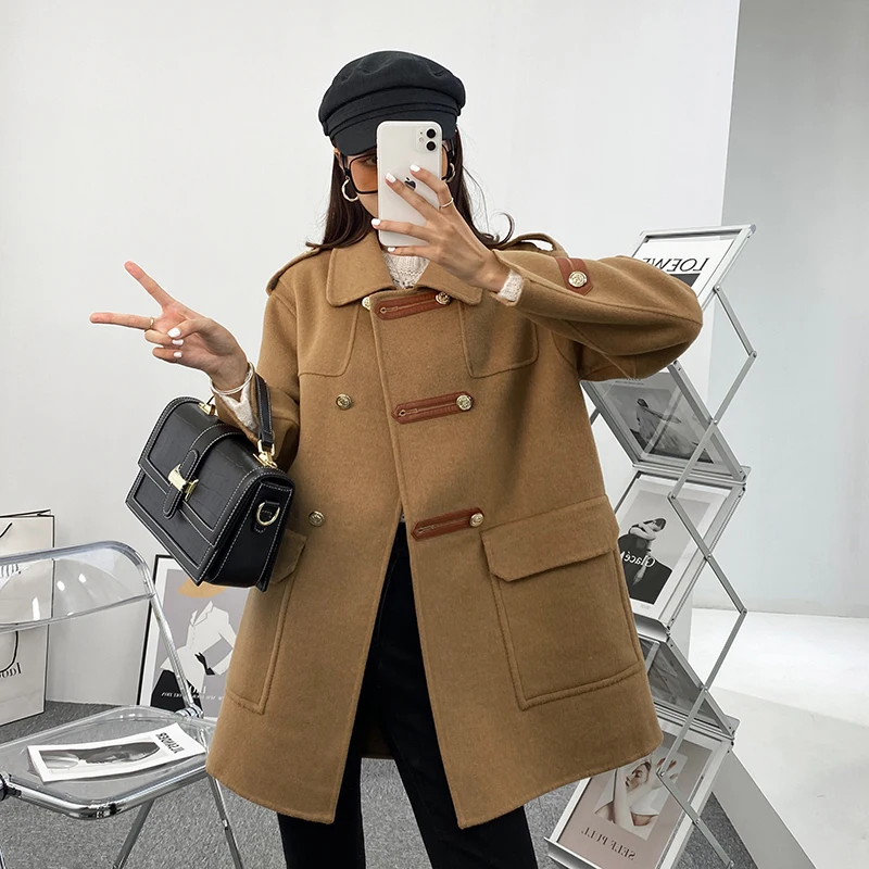 

Осень 2021 Новинка двухсторонняя куртка средней длины из натуральной шерсти винтажное пальто с длинным рукавом Женское зимнее пальто