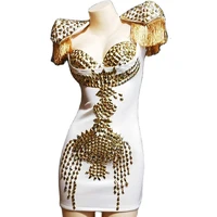 sparkling rhinestones personality pattern mini dress tassel shoulder decoration dresses ladies dance party evening costume