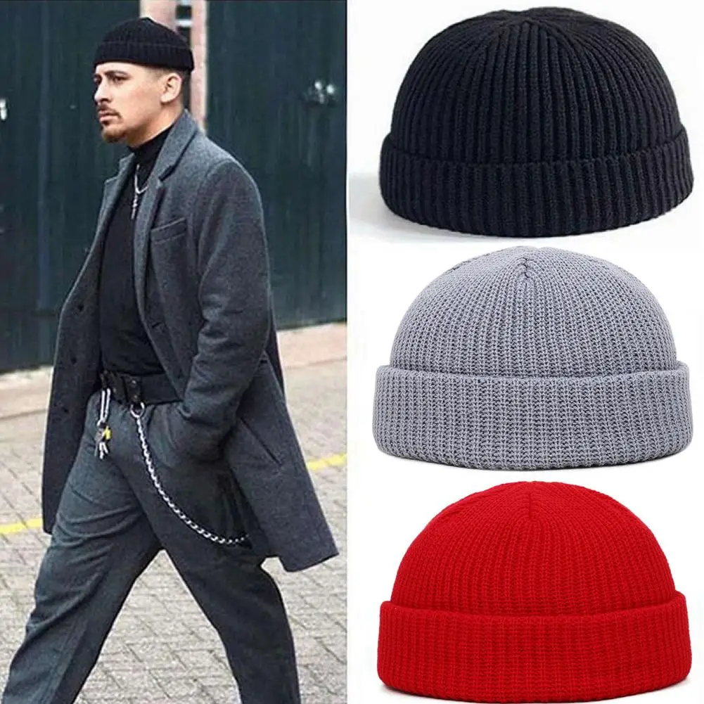 

Fashion Men's Beanie Winter Knit Hat Boy Skullcap Sailor Cap Cuffs Retro Navy Short Hat Solid Color Unisex Autumn Warm
