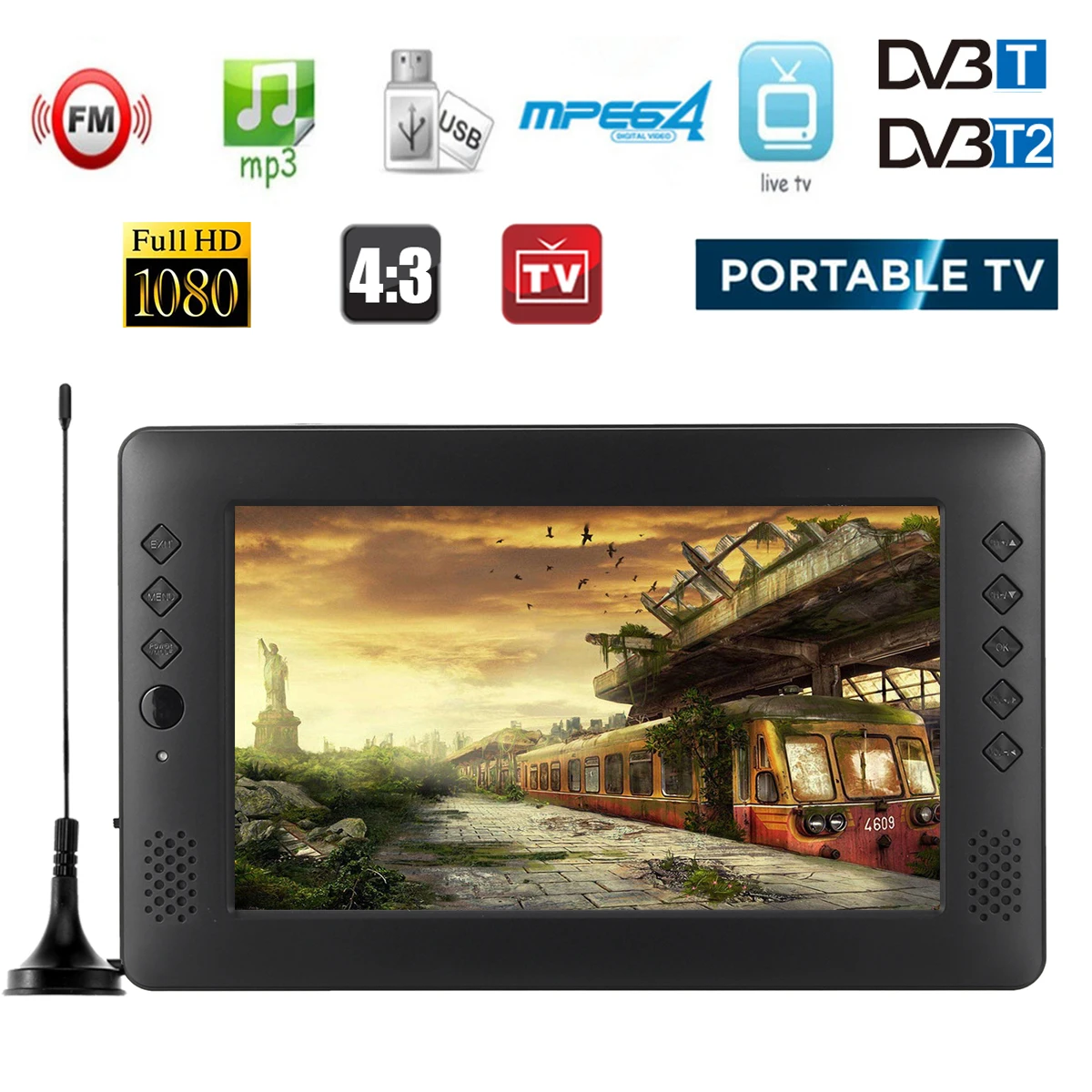 9 дюймов портативный мини-Телевизор DVB-T/T2 D tv FM HD 1080P H.265 цифровые и аналоговые Led ТВ Поддержка MP4 AC3 HDMI монитор