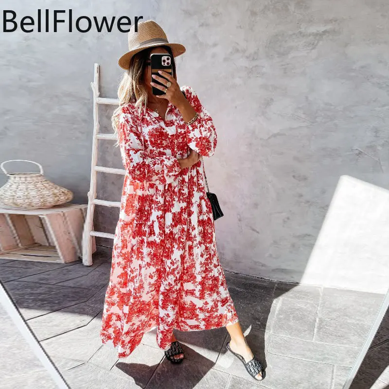 

С печатным рисунком и длинным рукавом платье макси женские Lround средства ухода за кожей Шеи с цветочным рисунком свободные платья размера пл...