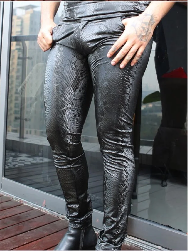 Men Snake Skin Texture PU Leather Lining Fleeces Skinny Bottoms Pencil Pants Velvet Legging Warm Motorcycle Punk Casual Trousers