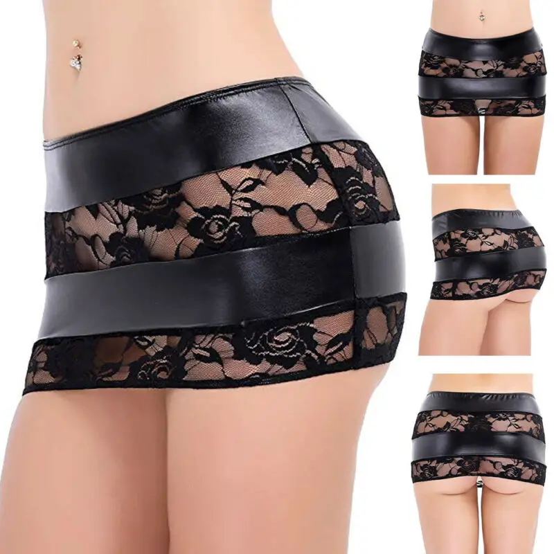 Соблазнительные женские Лоскутные юбки из искусственной кожи кружевная юбка с